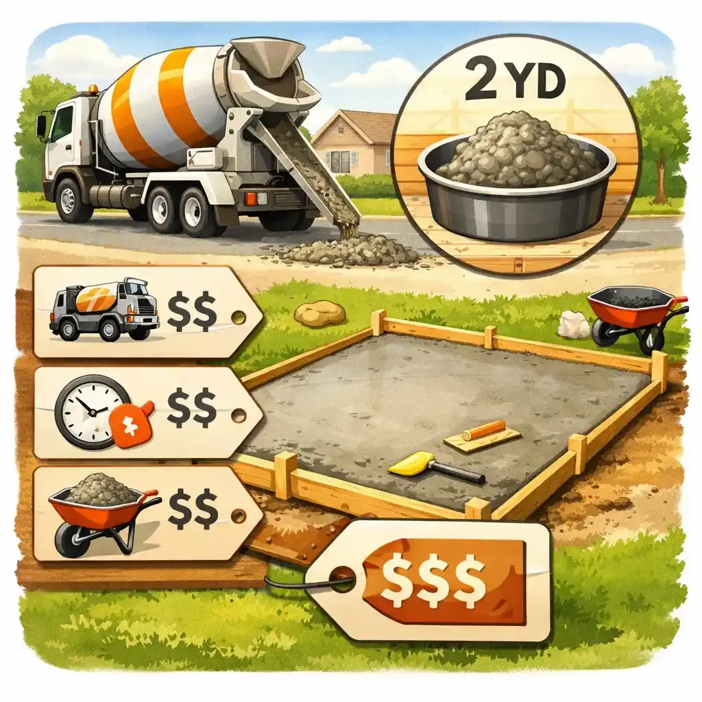 Small-pour pricing illustration showing a 2-yard concrete order and delivery cost concept