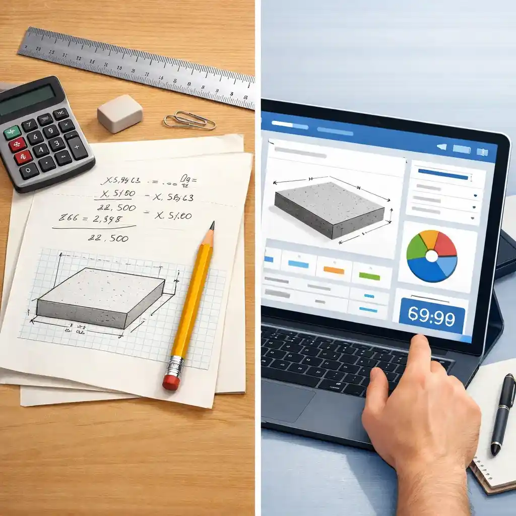 Split-screen illustration comparing manual concrete price estimation with a digital cost calculator