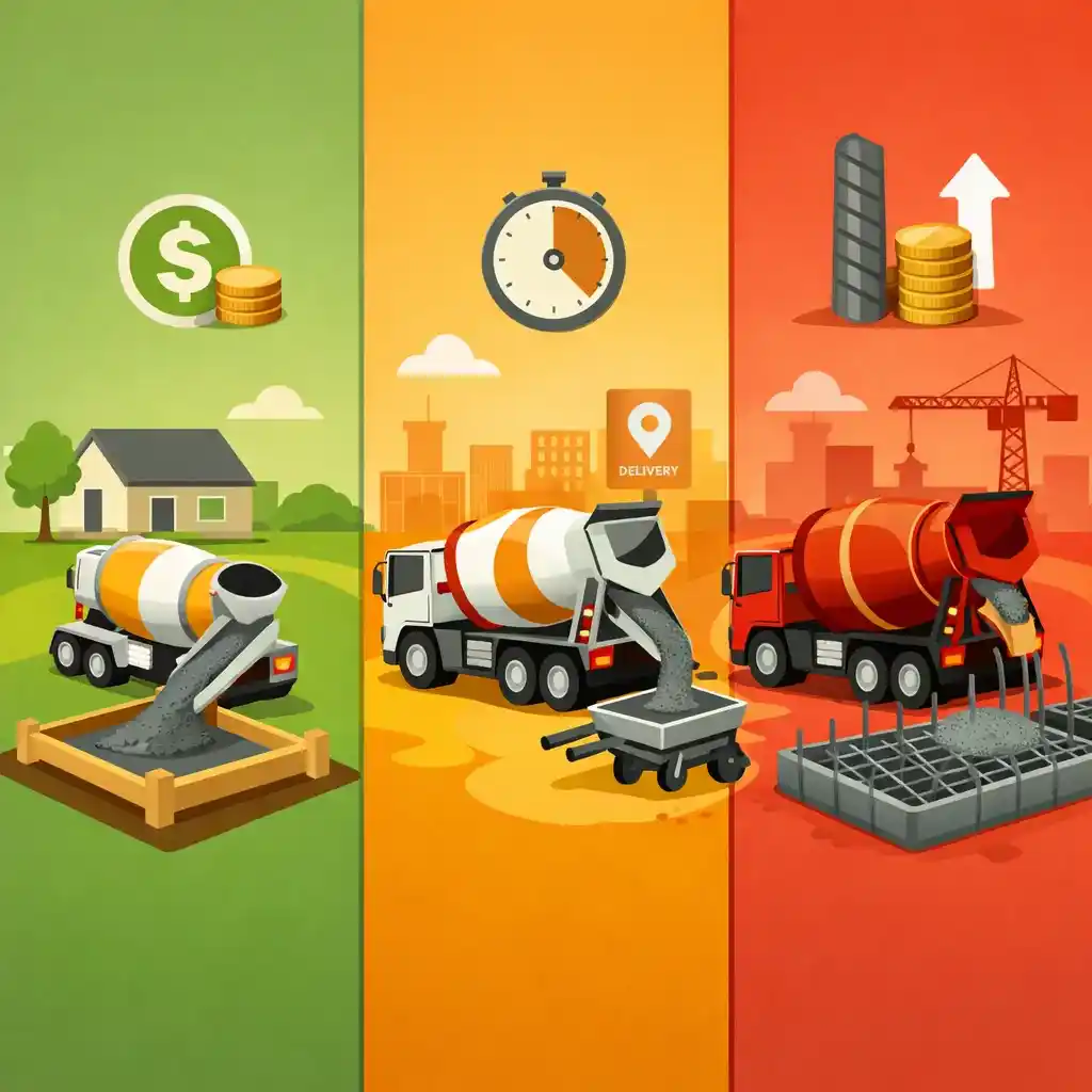 Pricing comparison graphic showing lower, typical, and higher concrete cost per yard scenarios