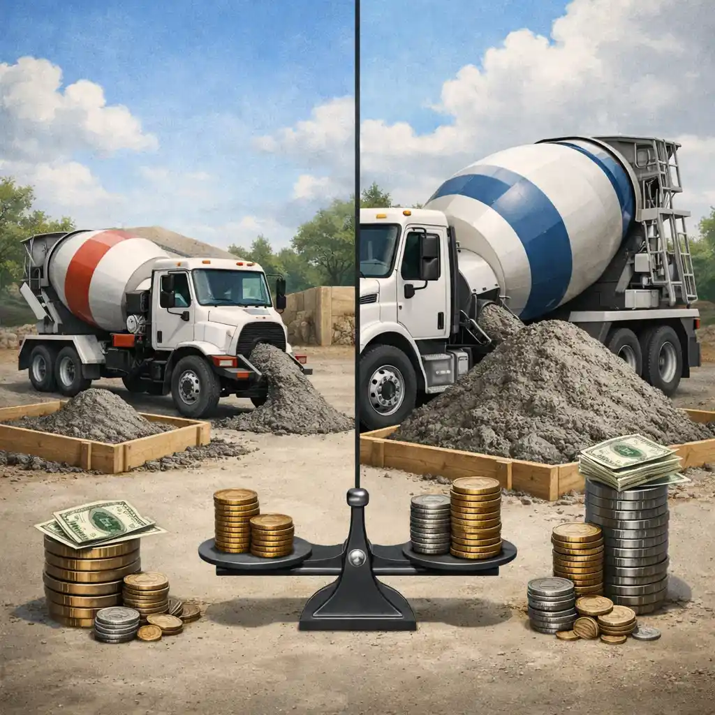 Illustration comparing a small 2-yard concrete delivery with a larger 6-yard delivery