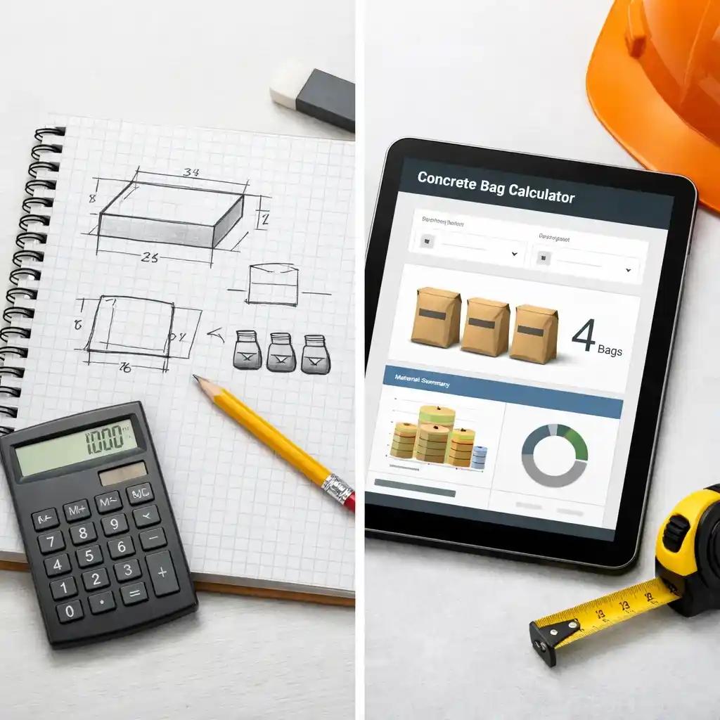 Split-screen illustration comparing manual bag calculation with a digital concrete bag calculator