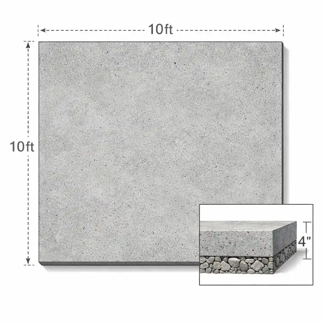 Top-down 10x10 concrete slab diagram with a 4-inch thickness callout