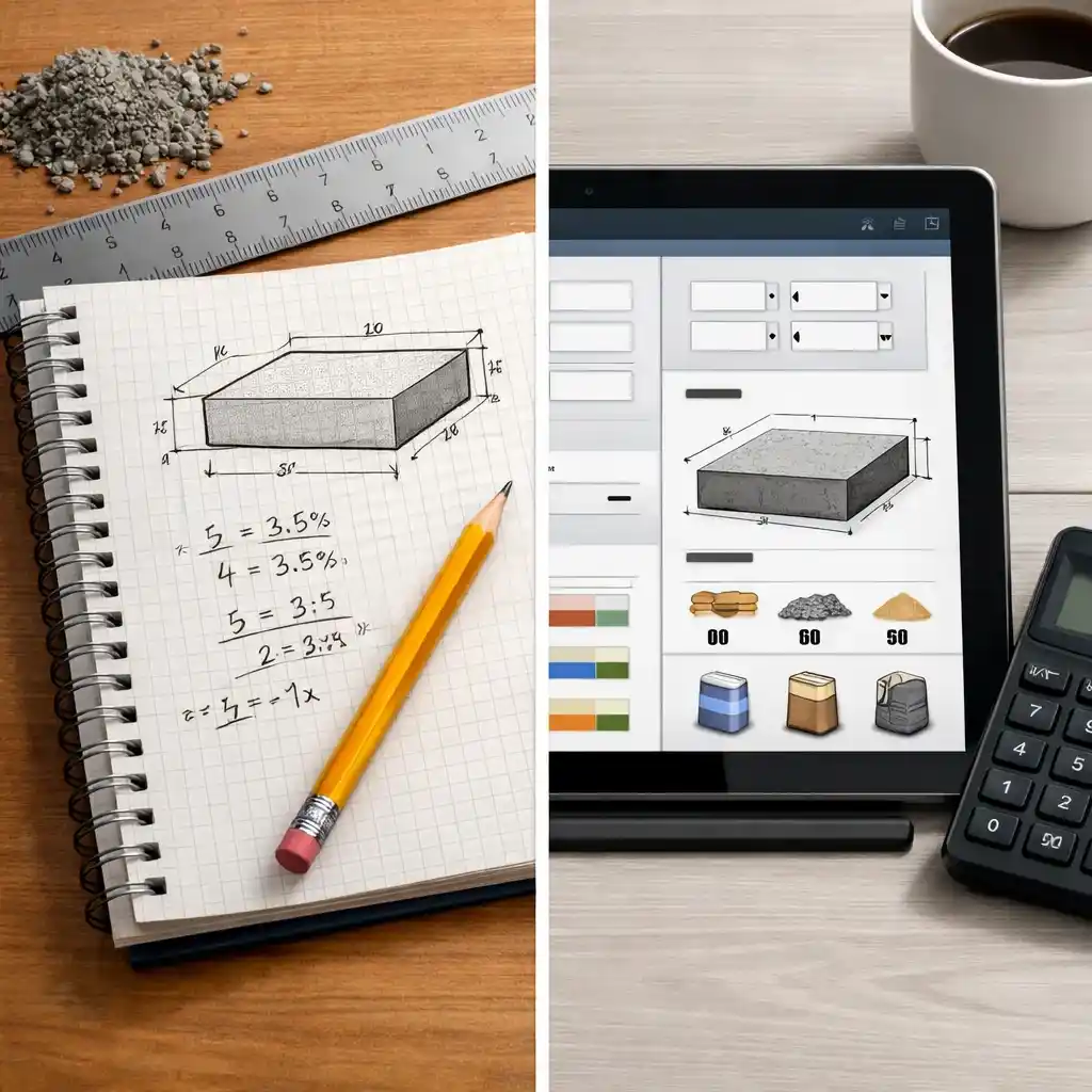 Split-screen illustration comparing manual concrete math with a digital concrete calculator