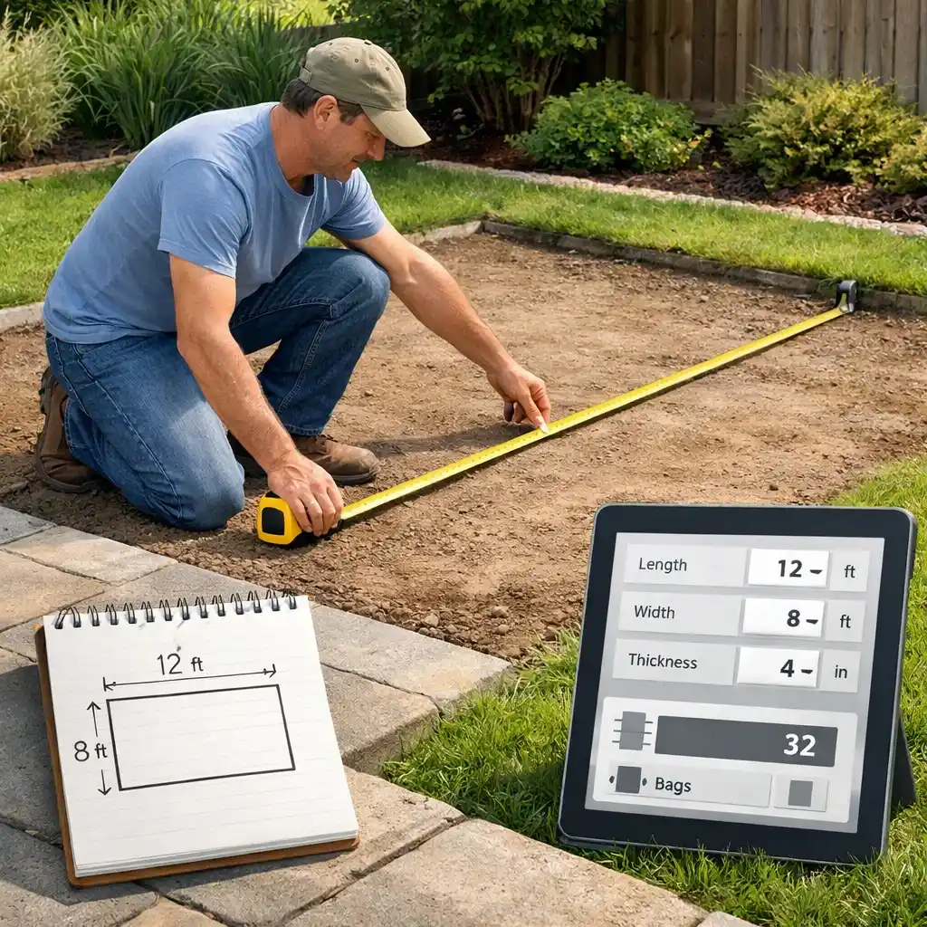 Illustration of a homeowner measuring a slab area with a tape measure and a concrete calculator