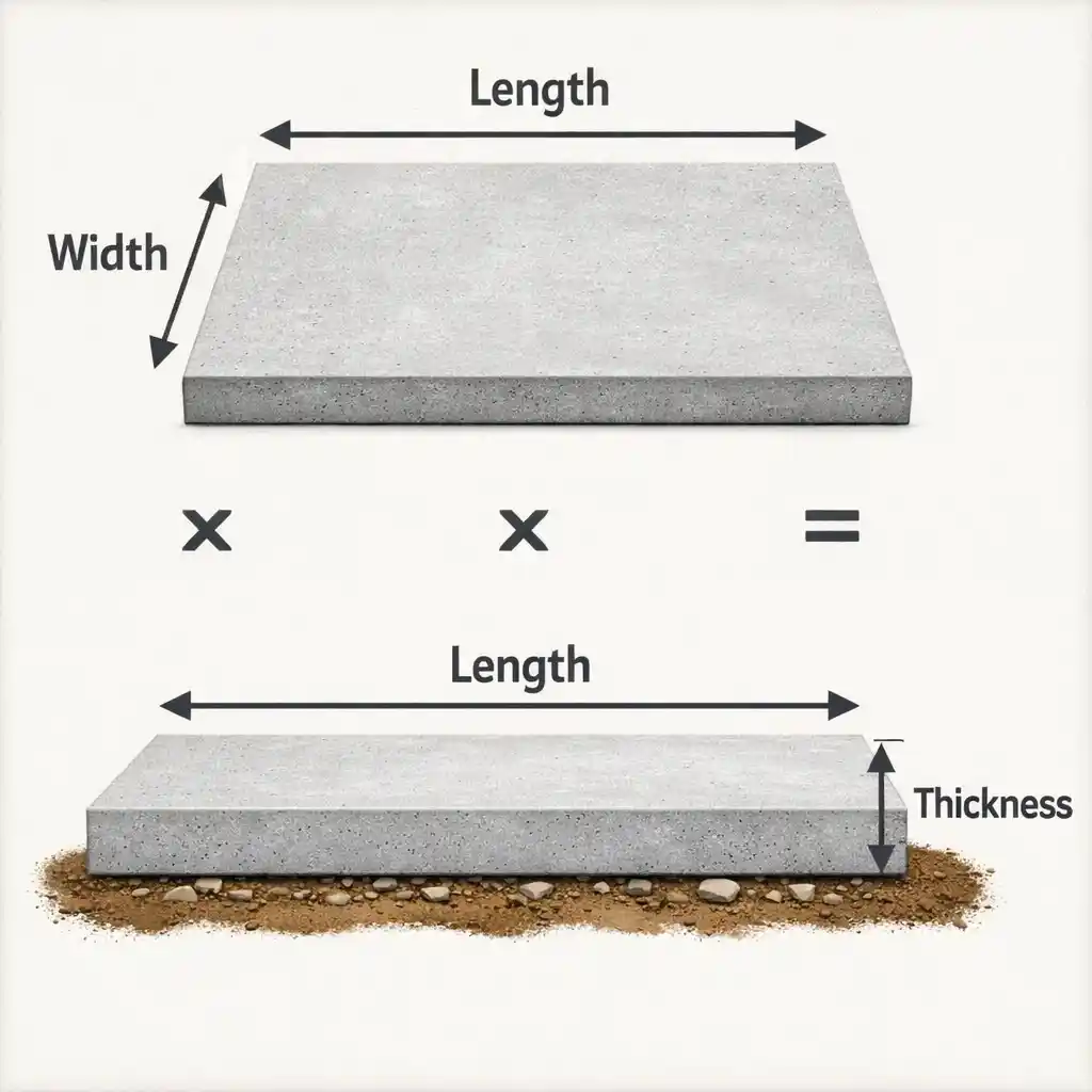Diagram showing length × width × thickness for a slab concrete volume calculation