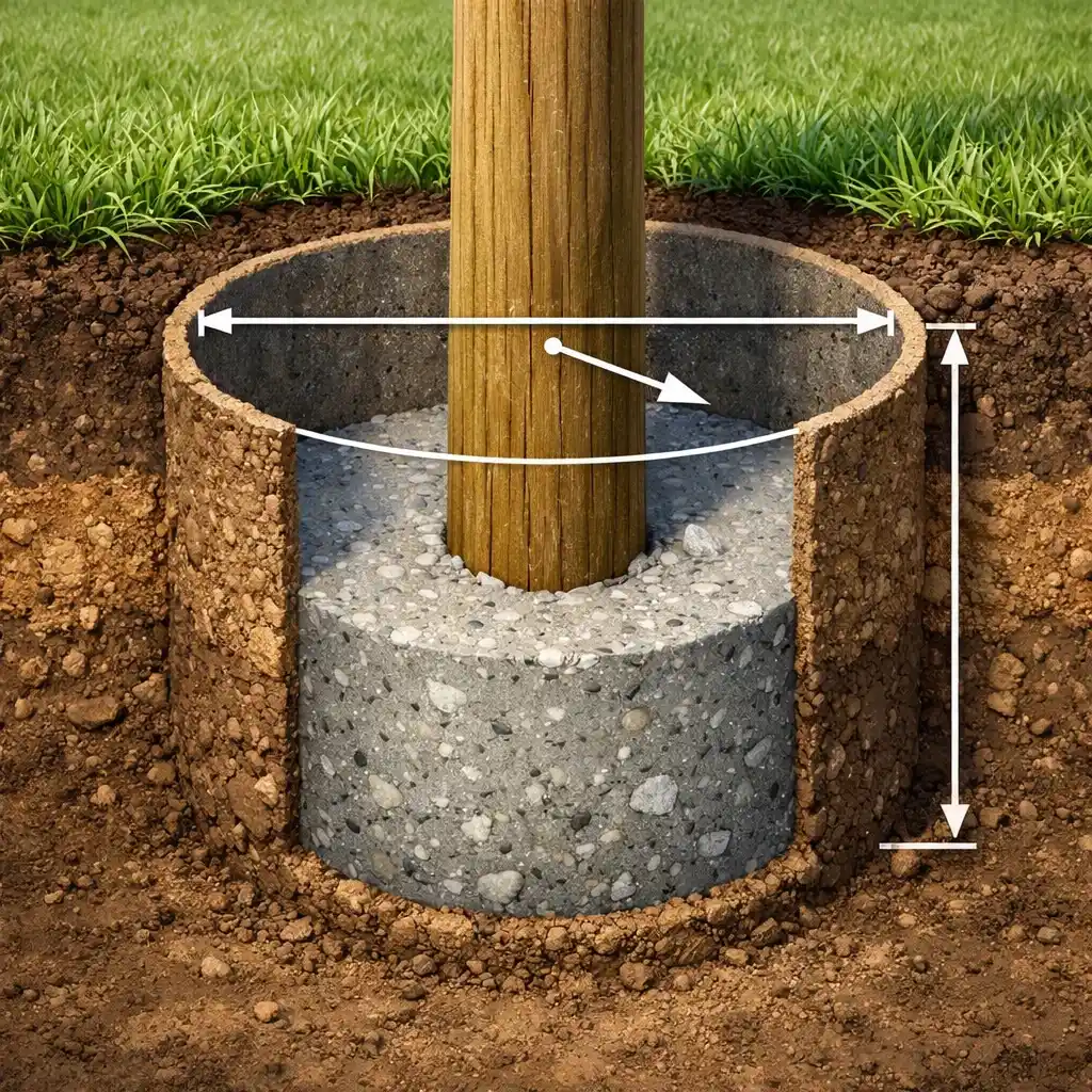 Cutaway diagram of a round post hole showing diameter and depth for concrete estimation